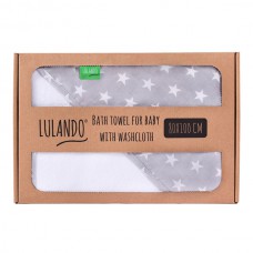 LULANDO Ręcznik kąpielowy frotte z kapturem dla niemowląt (80 x 100 cm) z myjką kąpielową, Biały / Szary w Białe Gwiazdki
